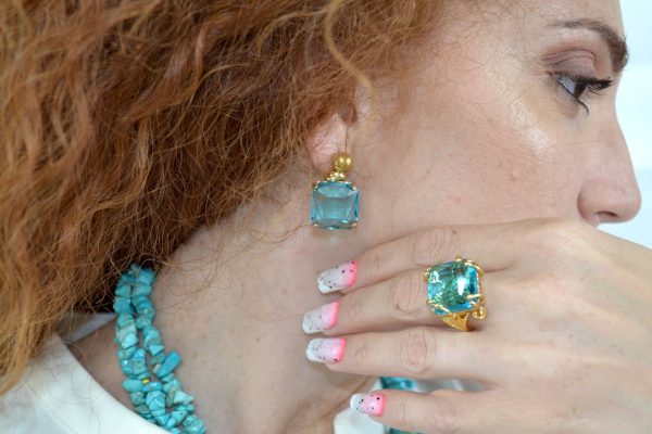 COMPLETO anello e orecchini in cristallo colore turchese